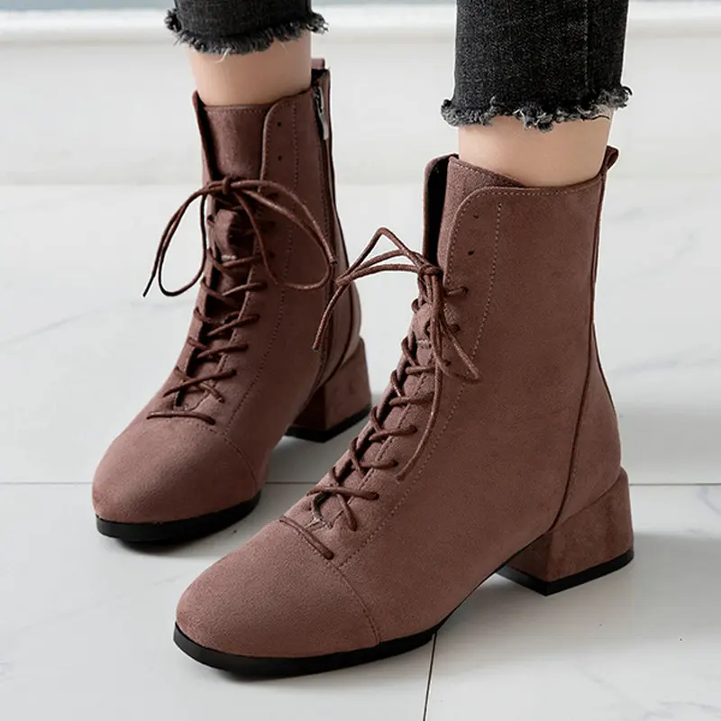 

Plus Size 35-53 Nice New Ankle Boots Women Autumn Square Toes Lace Up Concise Shoes Woman High Heels Adult Casual Jeans Boot