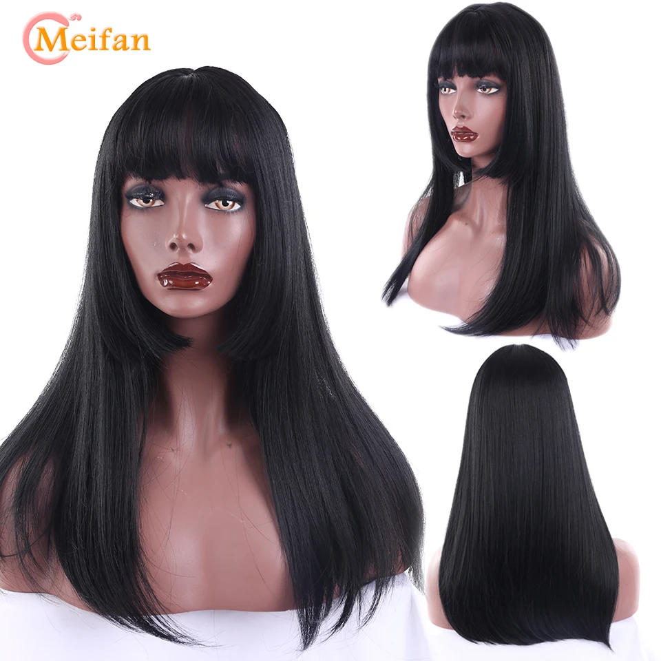 MEIFAN Long Straight Black Cosplay Lolita Wigs High Temperature fiber Synthetic Natural Hair Anime Party for Women | Шиньоны и парики