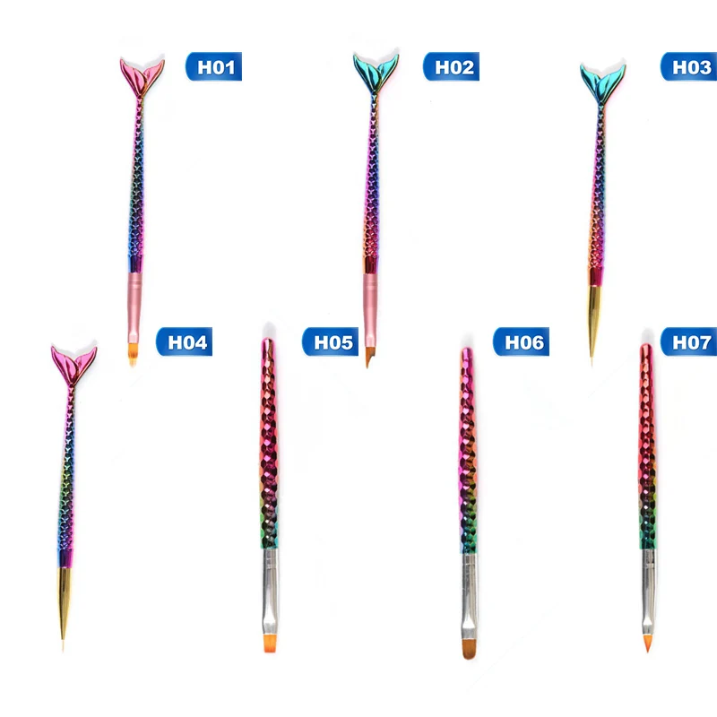 1Pcs Rainbow Fish Tail Mermaid Nail Art Brush Silicone Dotting Sculpture Pen Hollow Carving Emboss Shaping Acrylic Gel Tips Tool