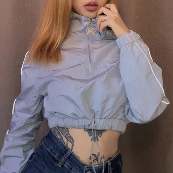 

new Reflective coat women fashion full sleeve turn-down collar button drawstring outfit female street casual jackets