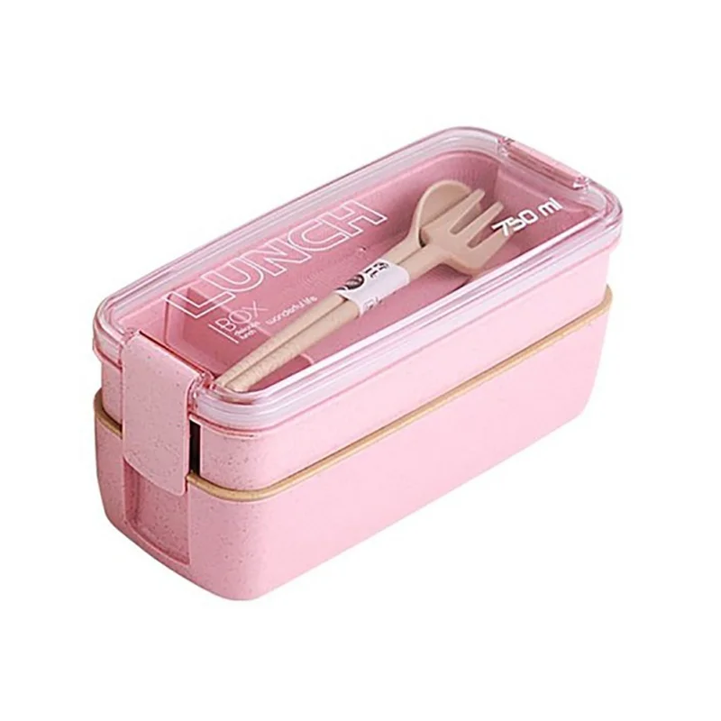 Pink Portable Square Lunch Box Concise Double Layer Plastic Lunch BoxWith Folk Spoon Microwave Pink Green Lunch Box - Color: Pink