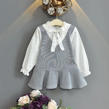 

Fake two pieces baby girl spring princess dresses Pretty kids girls long sleeve ruffled dress estido corto