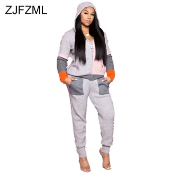 

Contrast Color Plush Two Piece Set Winter Clothes for Women Hooded Full Sleeve Zipper Front Coat + Long Trousers Fall Outfits