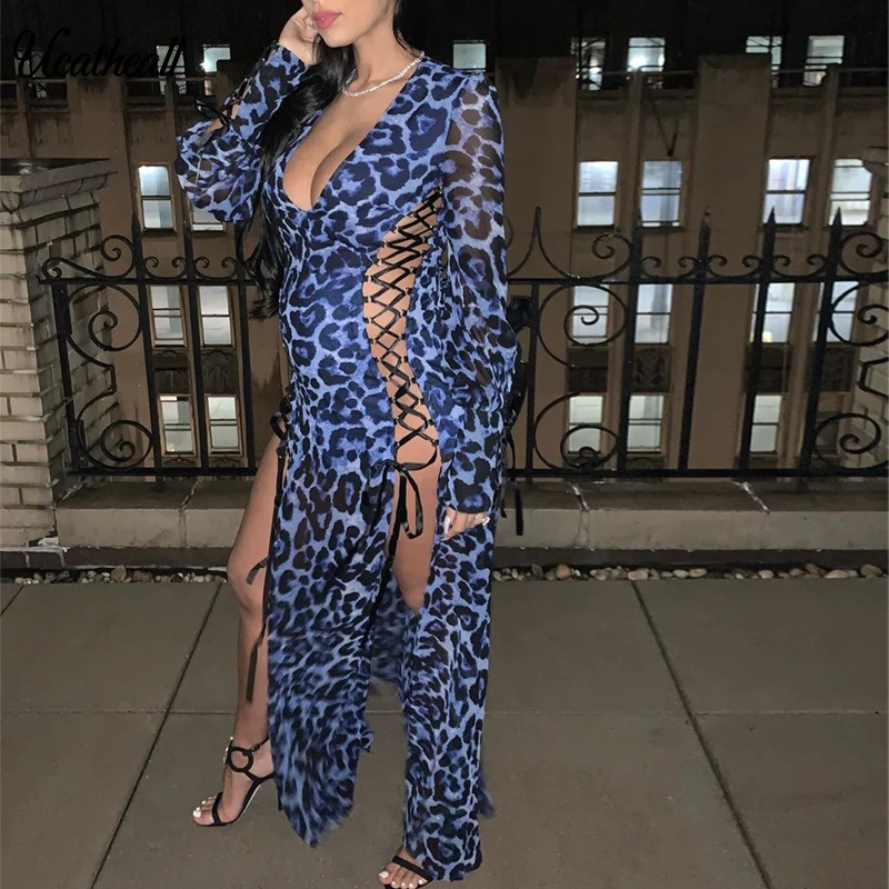 

Leopard Print Sexy Bodycon Long Maxi Dress Hollow Out Night Club Party Dresses Side Lace Up Long Dresses