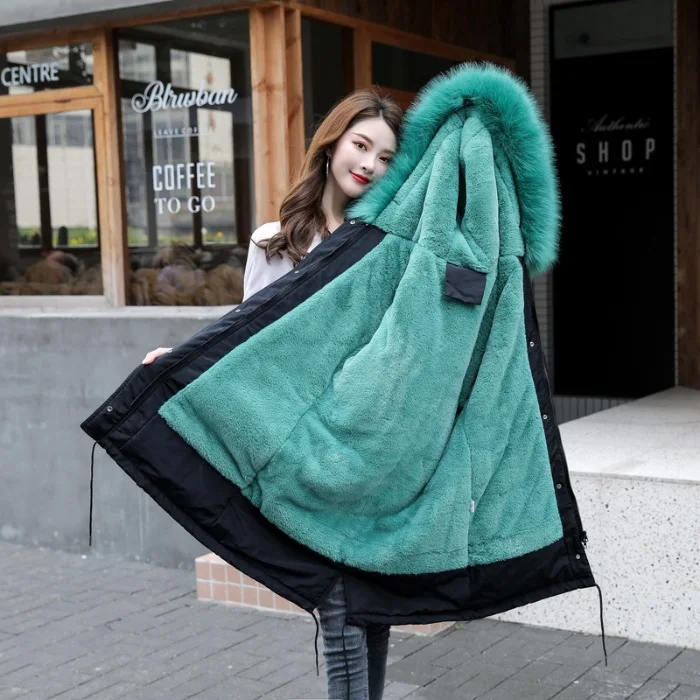 Большие размеры, M-6XL, пуховое хлопковое пальто, парки, женская утепленная верхняя одежда с капюшоном, новинка, Длинная зимняя куртка с меховым воротником, пальто из овечьей шерсти - Цвет: green