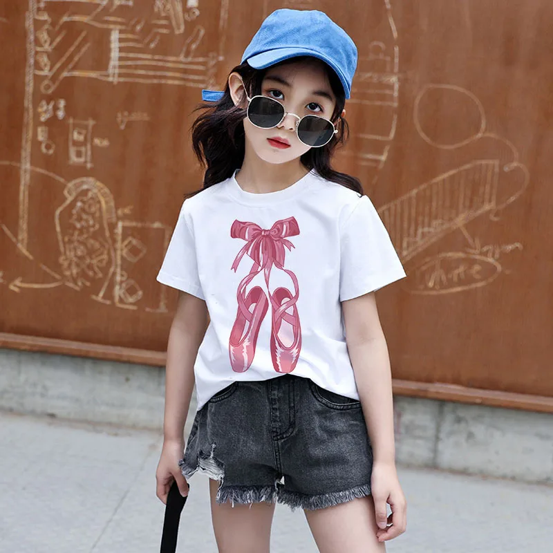 Pretty Bowknot Ballet Shoe Print Girls T Shirt Harajuku Casual T-shirt for Girl 2-12 Years Kids Clothes Child Tops Short Sleeve 2
