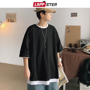 

LAPPSTER Men Graphic Fake Two Pieces T Shirt 2020 Synner Mens Streetwear Harajuku Tshirt Male Korean Fashions Black Tshirts