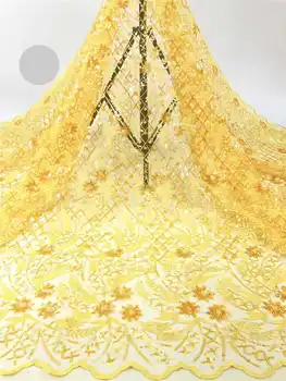 

Latest Popular Nigerian Lace super High Quality African Embroidered sequince Fabric for 2020Party Long Dresses Yellow