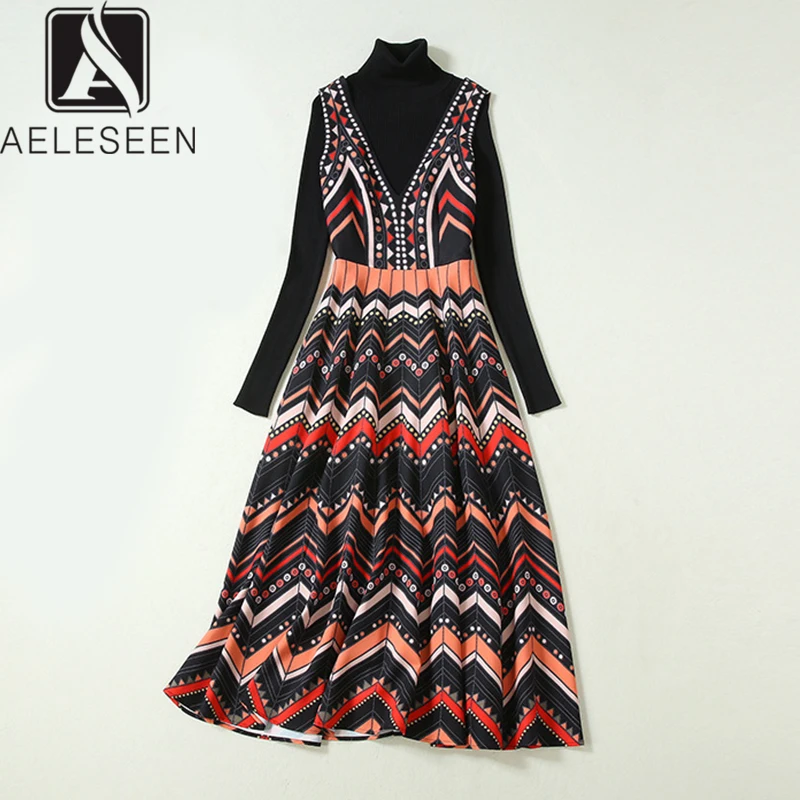 AELESEEN Retro High Street Winter Twinset Women Runway Design Geometric Printed Tank Dress + Highly Elastic Knitting Tops Suit | Женская