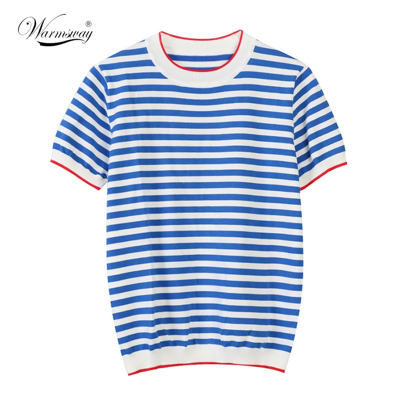 Knitted T-Shirt Tops Short-Sleeve Women Clothes Warmsway Striped Tees Woman Summer Casual
