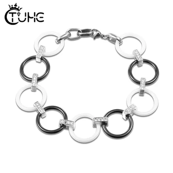 

Women Fashion Statement Round Circle Ceramic Bangle Bracelets With Shining Crystal Black White Charm Jewelry Meaningful Gifts