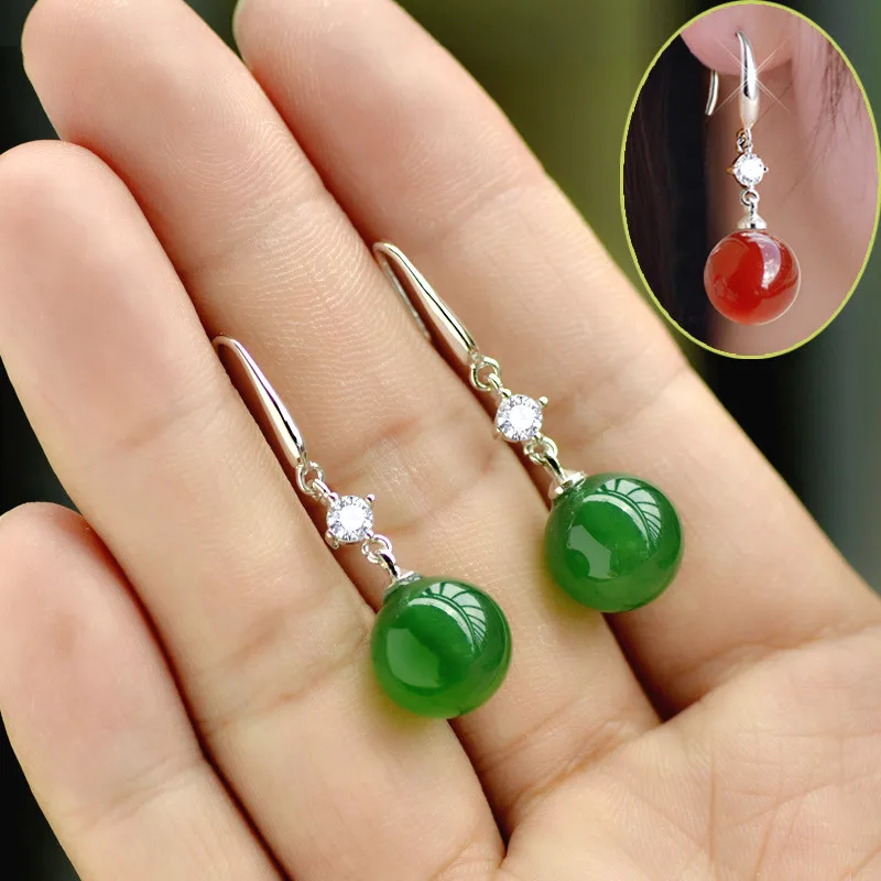925 Sliver Emerald Jade Jewelry Earrings Natural Green Agate Chalcedony Gemstone Drop Garnet Diamond for Women