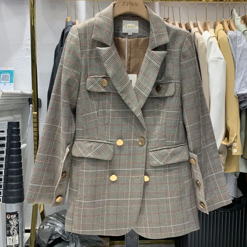 autumn and winter new loose long-sleeved lacing waist long section retro plaid suit jacket female