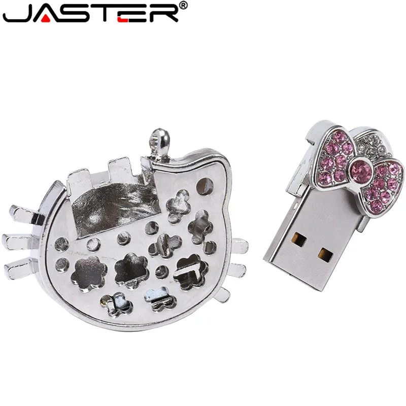 JASTER модный Кристалл KT кошачья голова+ цепочка креативный USB 2,0 4 ГБ 8 ГБ 16 ГБ 32 ГБ 64 Гб внешний накопитель USB флеш-накопитель