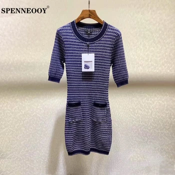 

SPENNEOOY Designer Custom Runway Female Summer Knitting Tight Short Dress Striped Knit Pockets Ladies Streetwear Mini Dresses