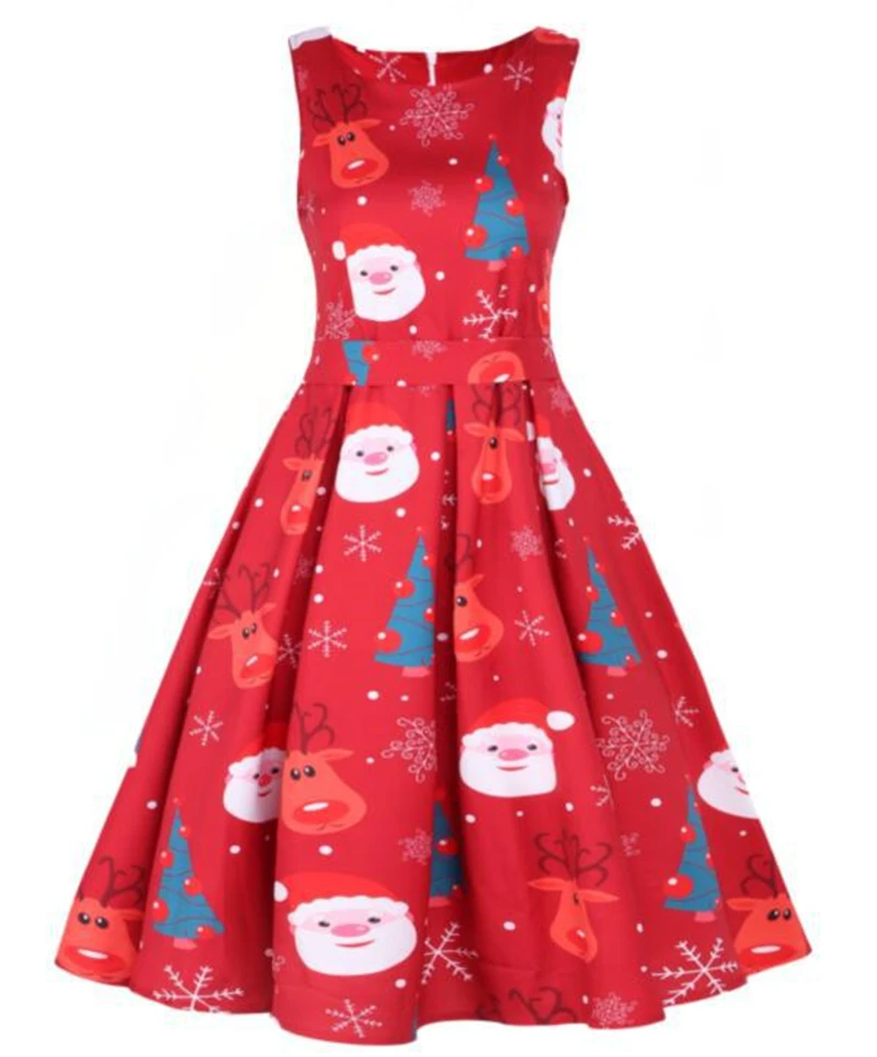 Новогодние вечерние платья, винтажные женские платья средней длины размера плюс, Vestido Invierno Mujer, рождественское платье без рукавов, женское платье с круглым вырезом - Цвет: 3952A Red