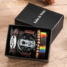 

Bracelet Watch Gift Set Men's Business Leather Watch Quartz Brown Wristwatch Woven Bracelet Best New Year Gift With Box for Sons