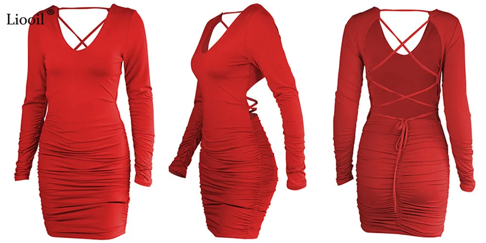 Liooil, сексуальное Белое Облегающее мини-платье с открытой спиной для женщин, осень, зима, длинный рукав, v-образный вырез, красные облегающие платья, женские вечерние платья для ночного клуба