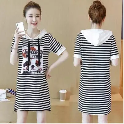 

Summer New Style Korean-style Short Sleeve Striped Dress Women's Large Size Loose-Fit Fat Mm Fashion Casual Hooded Skirt