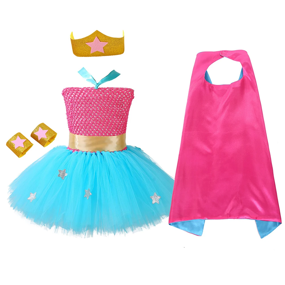 Hot Pink Girl Superhero Costume Set Handmade Girls Tutu Dress with Mask 1set 