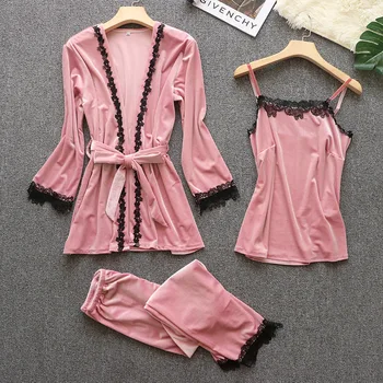 

Velour Pajamas Set Women Lace 3PCS Sleepwear Autumn Winter Pyjamas Suit Female Velvet Sleep Set Casual Nightwear Home Clothes