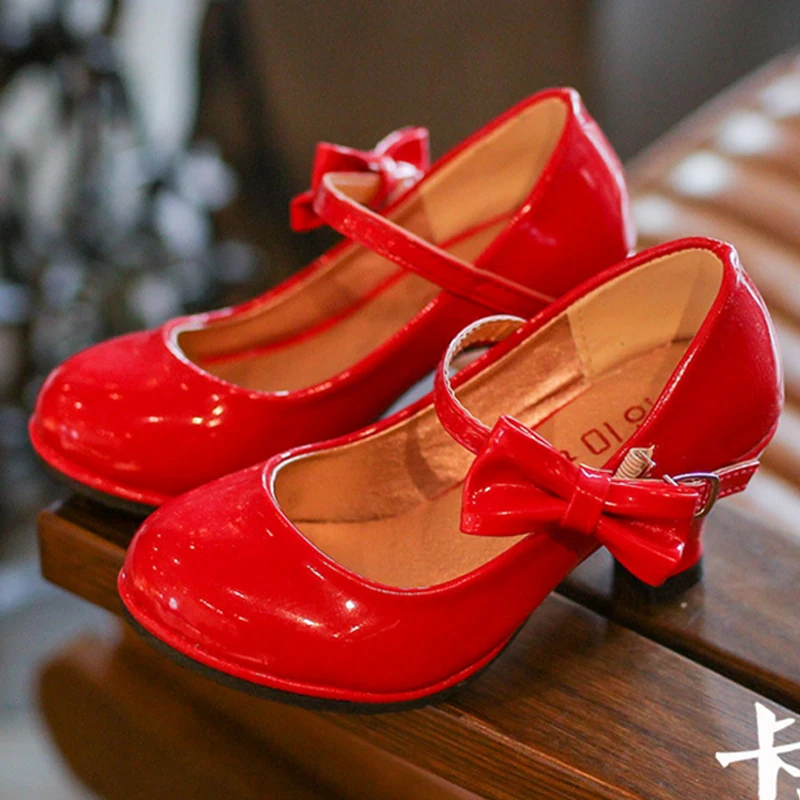 New Hot Sale Princess Shoes Girls Party Bow Shoes Shiny Solid Red Color High-heeled Fashion for Kids Size 26-35