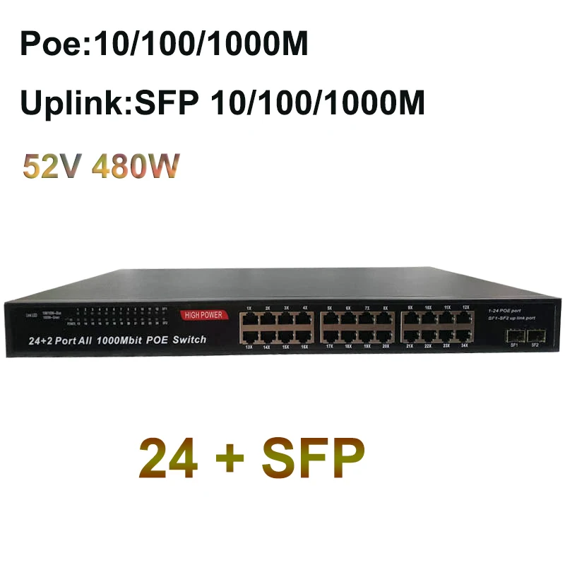 52 в 480 Вт 24 порта POE коммутатор ip-камеры Ethernet сетевой коммутатор беспроводной маршрутизатор AP Стандартный Lan концентратор IEEE 802.3af/at 1000M SFP - Цвет: 24-SFP