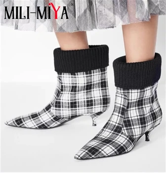 

MILI-MIYA Famous Design Women Ankle Boots Pointed Toe Grid Cloth/Cow Leather Thin Heels Slip-On Plus Size 34-43