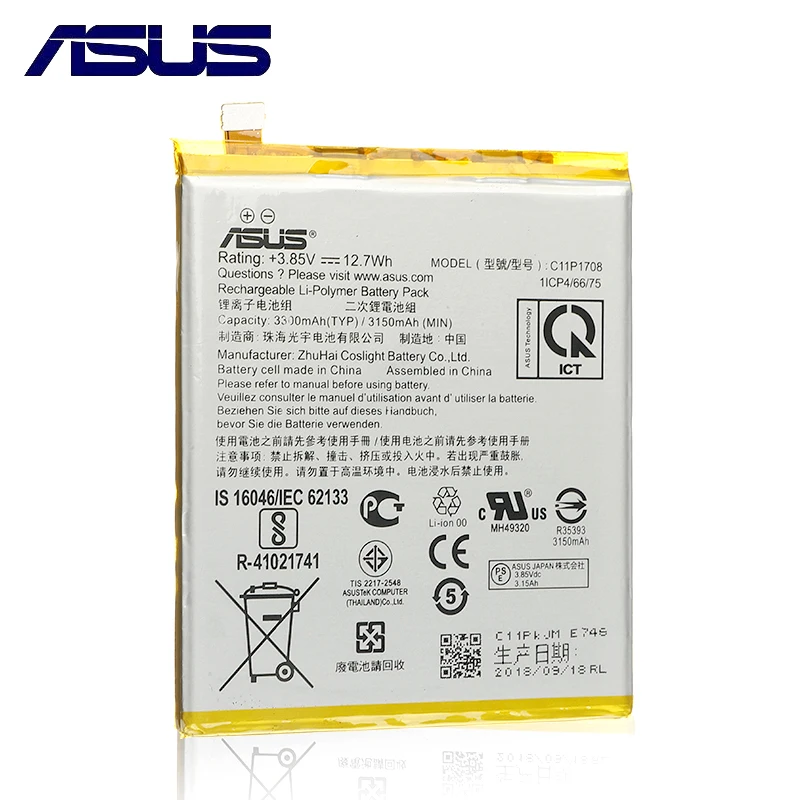 Original ASUS High Capacity C11P1708 Phone Battery For Asus Per ZenFone 5 ZE620KL 3300mAh