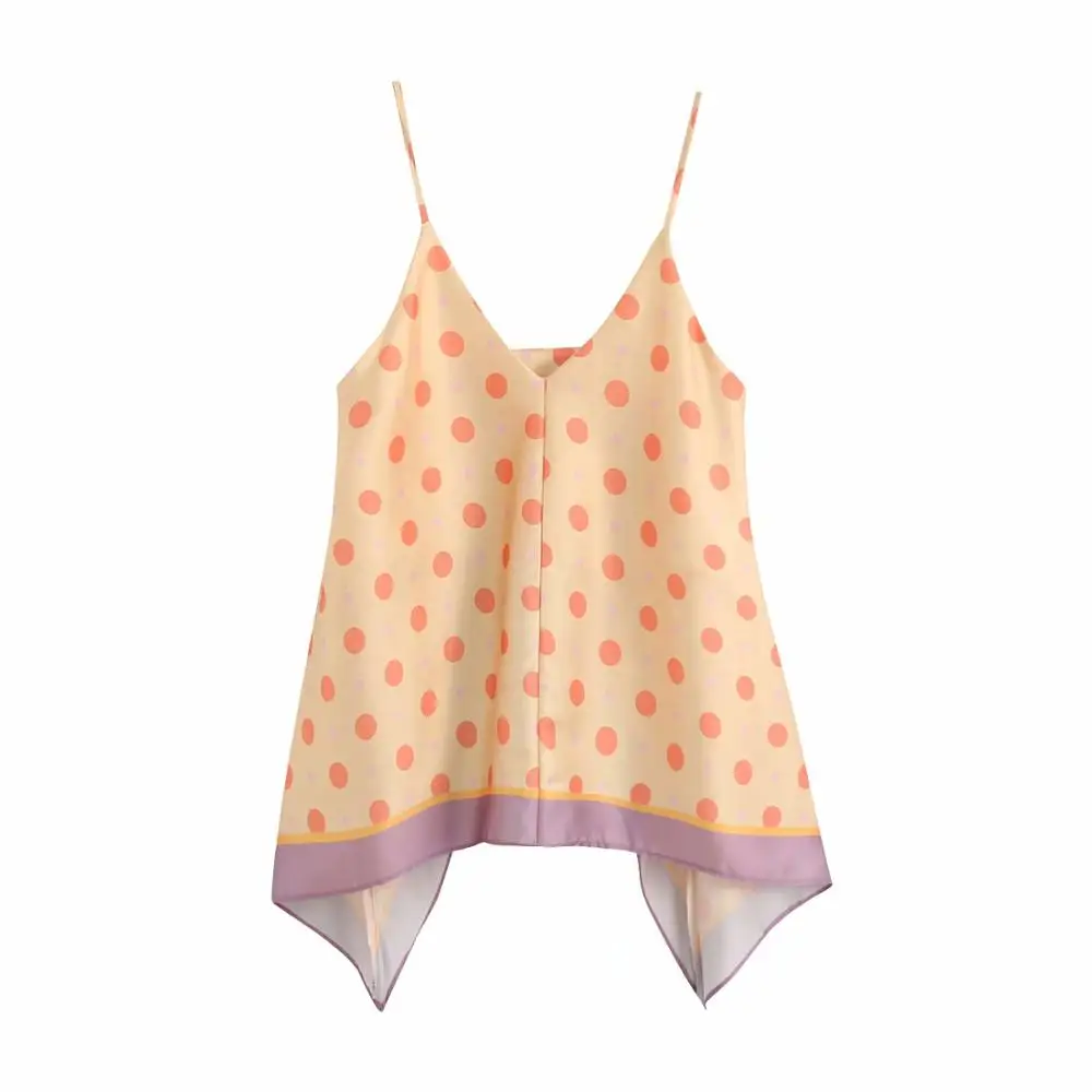 Women Chic Polka Dot Print Yellow Za Sling Tops Female 2020 Summer Back Cross Fashion Sleevelss V-neck Blouse Femme | Женская одежда