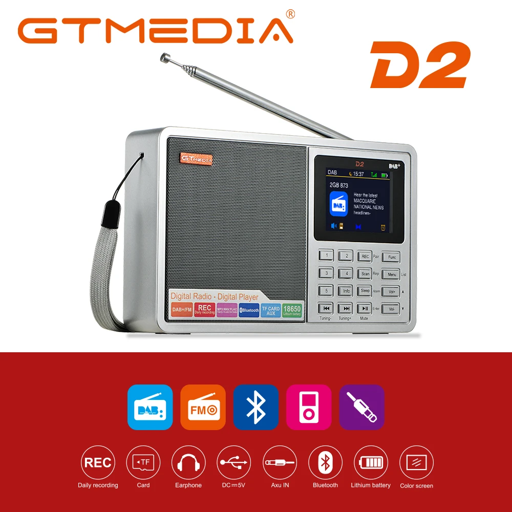 

GTMEDIA D2/D1 Portable Radio FM DAB stereo/ RDS Multi Band Radio Speaker with LCD Display Alarm Clock Support Micro SD TF Card