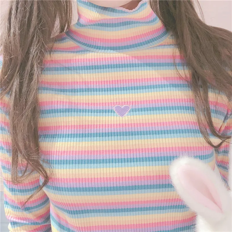 Японские Сладости, Женская водолазка, Футболка Harajuku Tumblr, радужные полосатые вязаные топы, Kawaii сердце, длинный рукав, футболки для девочек