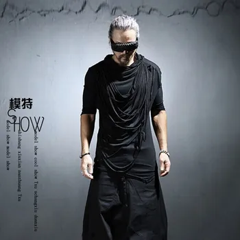 

New Men Hooded T Shirts Punk Rock Stage Show Clothing Male Casual Half Sleeve Rope Tees Shirts Black Slim Tshirt