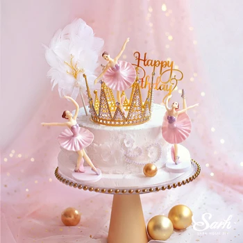 

Hook Flower "Happy Birthday" Cake Toppers 3PC White Pink Ballet Girls Decor Wedding Party Supplies Baking Sweet Gifts