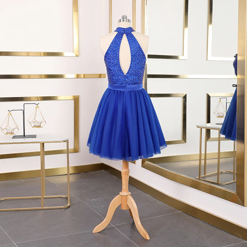 Vestido Coctel, Новое поступление, корсет, вышитый бусинами, коктейльные платья, элегантное платье с лямкой на шее, официальное вечернее платье, королевское Синее Короткое платье для выпускного вечера