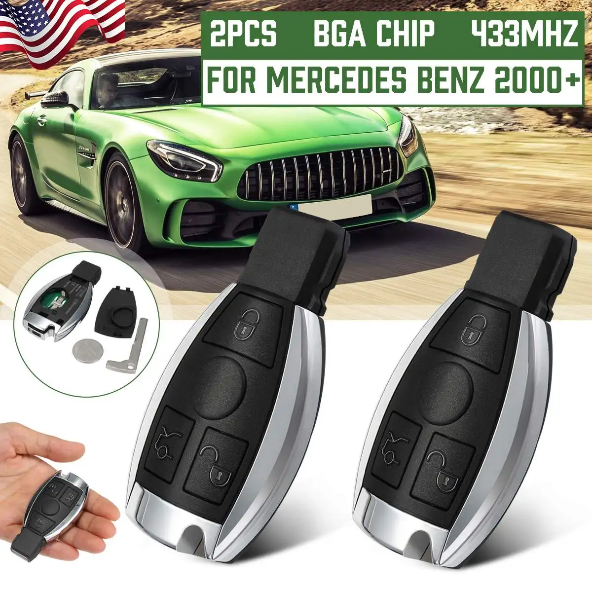 Смарт-пульт дистанционного управления для Mercedes-Benz 2000+ поддерживает BGA чип 433 МГц 3 кнопки Замена дистанционного ключа входа Fob передатчик - Цвет: 2PCS