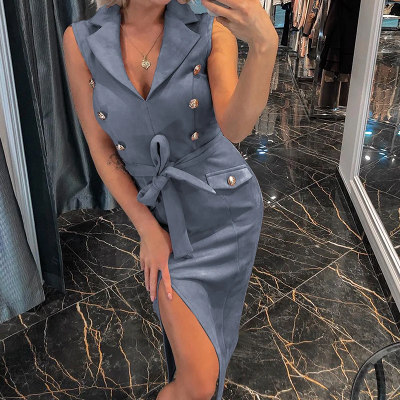 

Women Dress New Autumn Sleeveless Work Office Lady Elegant Dresses Notched Overall Split Knee Length Dress V-neck Party M0357
