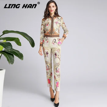 

LINGHAN Fashion Print Sets Casual Long sleeve short jacket + High waist Slim pencil trousers Two-piece set Designer Autumn New