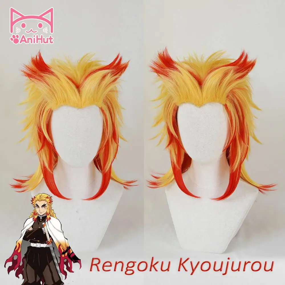 Online AniHut Rengoku Kyoujuro peluca Kimetsu no Yaiba demonio Matador Cosplay sintético resistente al calor pelo Rengoku Kyoujurou Cosplay