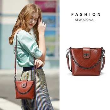 

Women's 2020 Bags Genuine Leather Women's Bags Classic Retro Oil Wax Cowhide Lattice Bucket Bag Shoulder Messenger Lady Bag