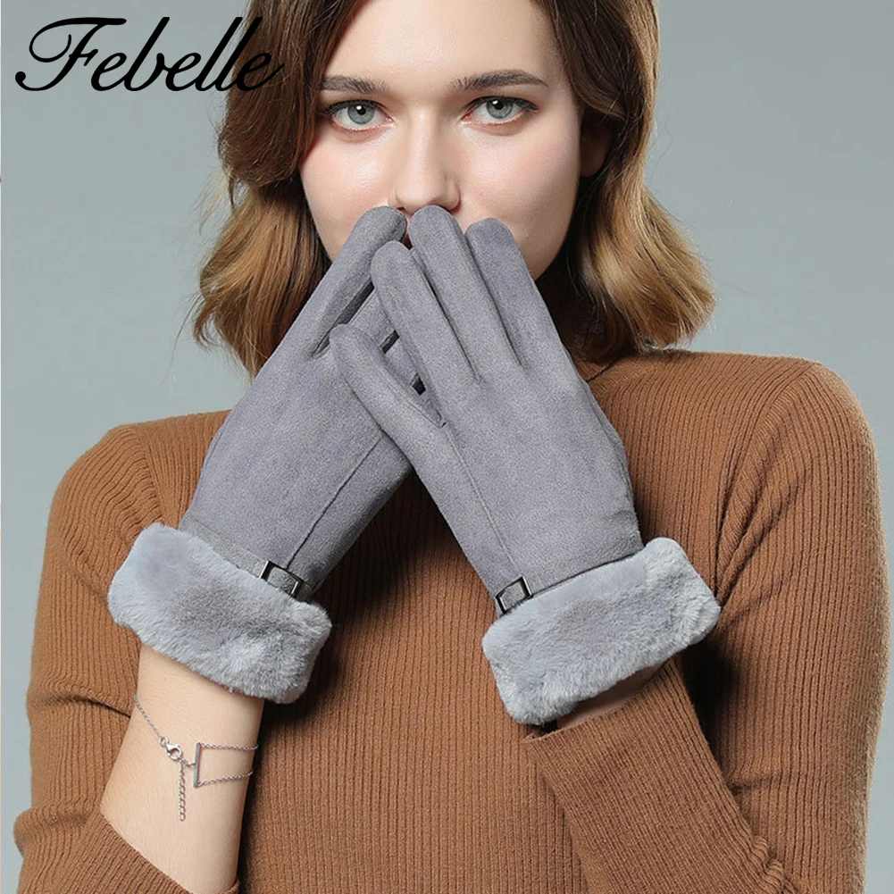 Febelle, женские зимние замшевые перчатки с сенсорным экраном, искусственные кроличьи волосы, перчатки для запястья, утолщенные теплые шерстяные флисовые варежки