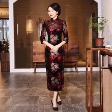 Красное вино XL осень зима Повседневный cheongsam золото бархат длинный раздел cheongsam банкет семь точек рукава cheongsam Мать платье