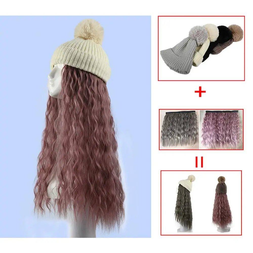 Женская зимняя вязаная шапка, шапка с париком, большой набор париков, высокотемпературный шелк, химическое волокно, волосы для катания на лыжах, путешествия на открытом воздухе#1