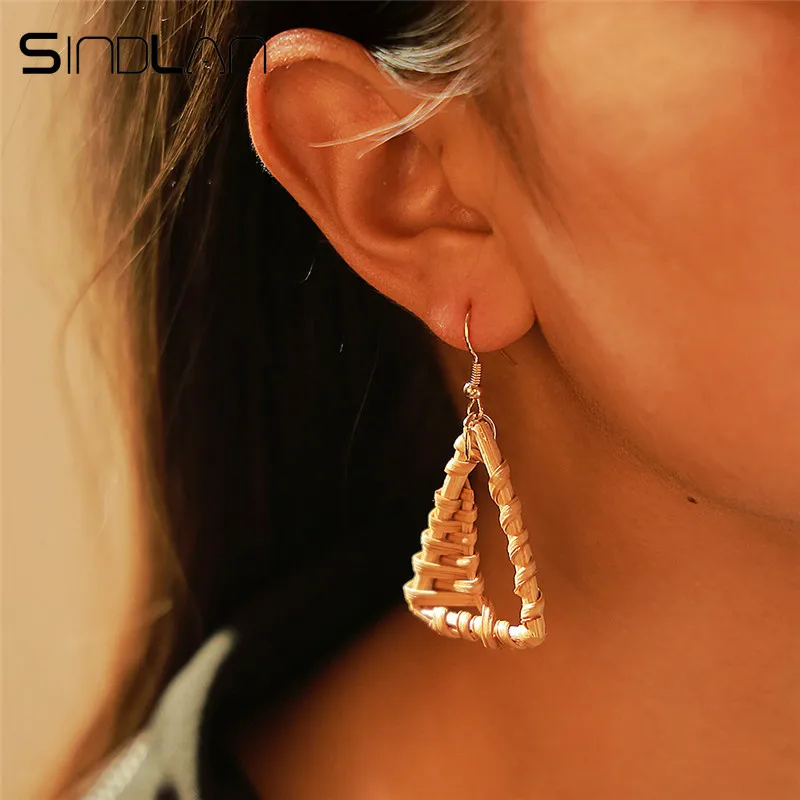 

Sindlan Hollow Bamboo Knitted Geometric Earrings for Women Bohemia Handmade Triangle Dangle Earring Fashion Earrings Ear Jewelry