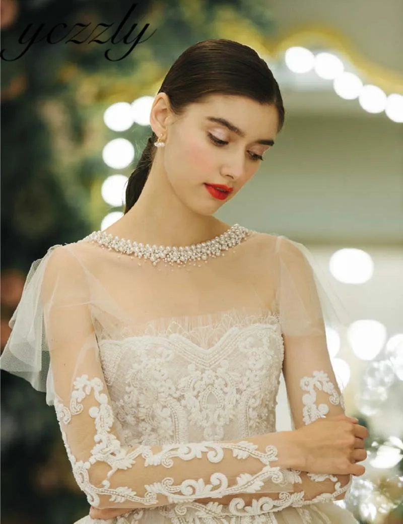 Robe De Mariee винтажное бальное платье с круглым вырезом кружевное свадебное платье с жемчугом размера плюс длинные рукава аппликации свадебное платье со стразами W189