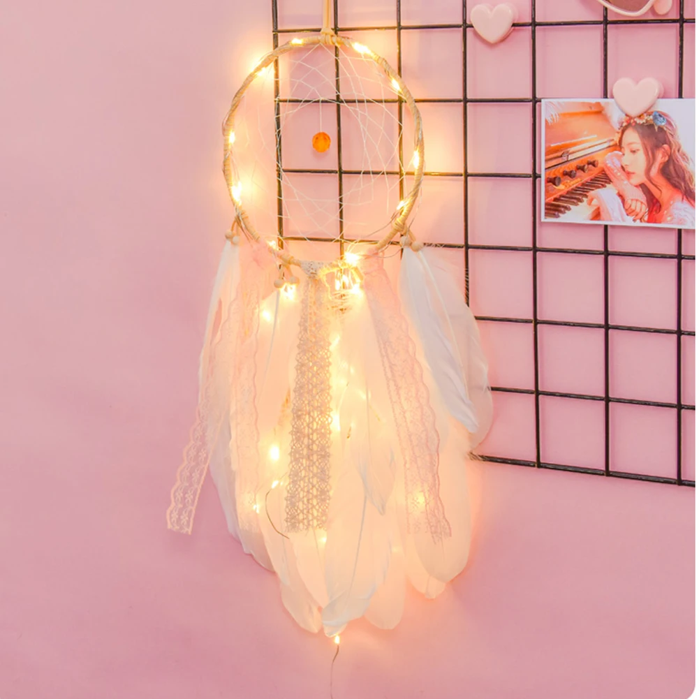 Girl Heart Dream Catcher National Feather Ornaments Lace Ribbons Feathers Wrapped Lights Dreamcatcher