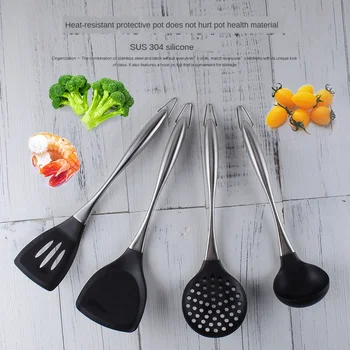 

304 Stainless Steel Hollow Handle Silicone Non-stick Pan Shovel Soup Spoon Fishing Fence Spatula Kitchen Ware Four-piece Set
