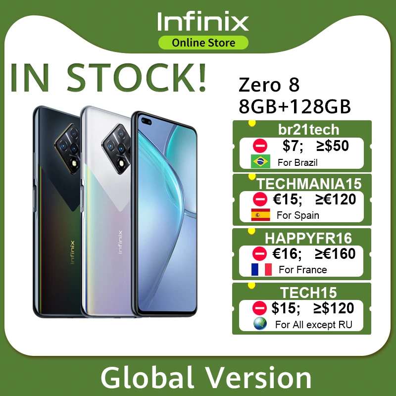 Infinix-teléfono inteligente Zero 8, versión Global, 8GB, 128GB, pantalla FHD de 6,85 pulgadas, 90Hz, cámara cuádruple de 64MP, batería de 4500mAh, cargador de 33W