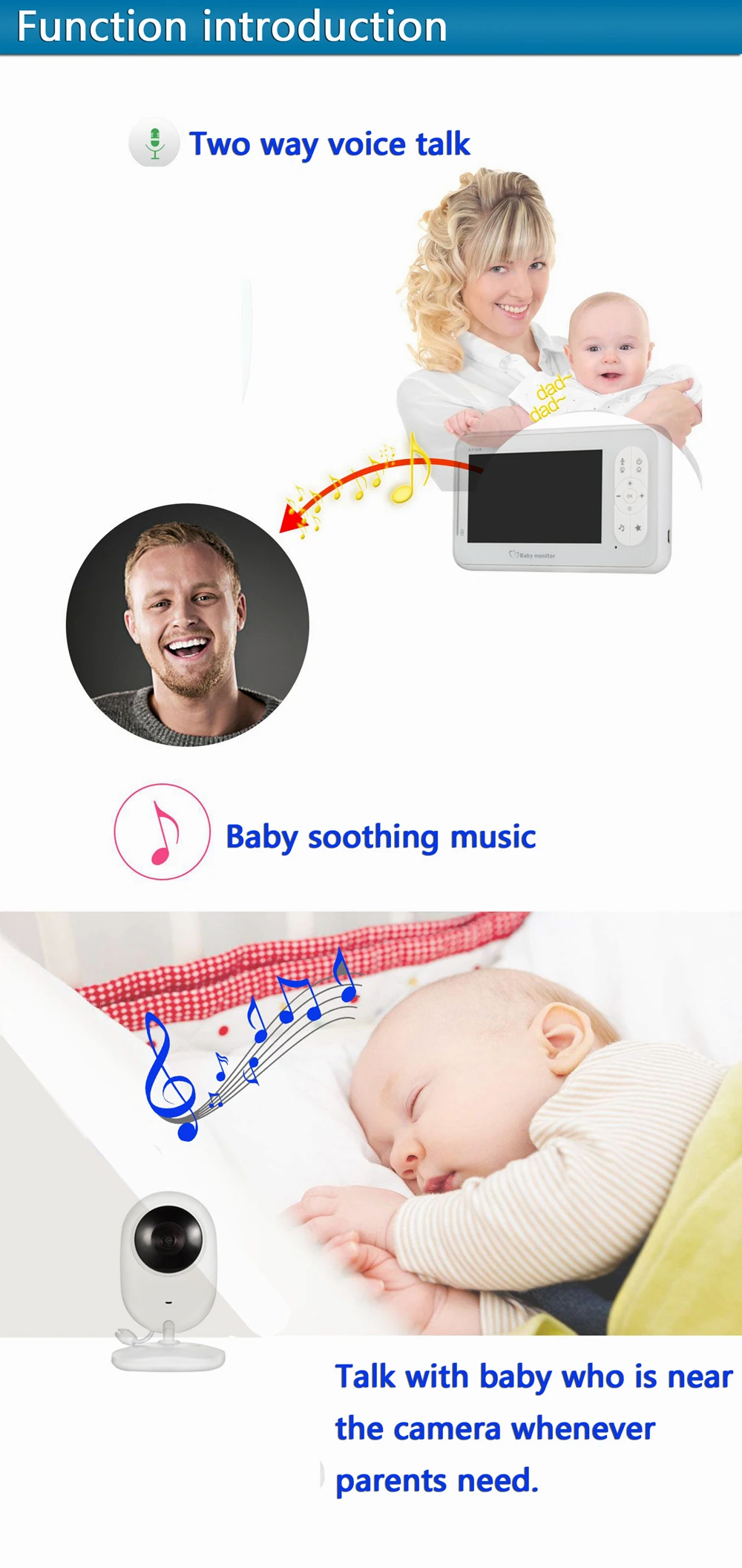  Baby Monitor 4.3 inch Wireless Color Video Camera 2 Way Audio Night Vision Temperature Monitoring B