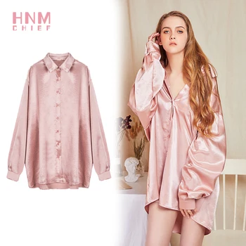 

HNMCHIEF Pink Women Silk Satin Nightshirt Sleepshirt Silk Pajamas Cozy Soft Shirt Sleepwear Long Sleeve Pyjamas Women Homewear